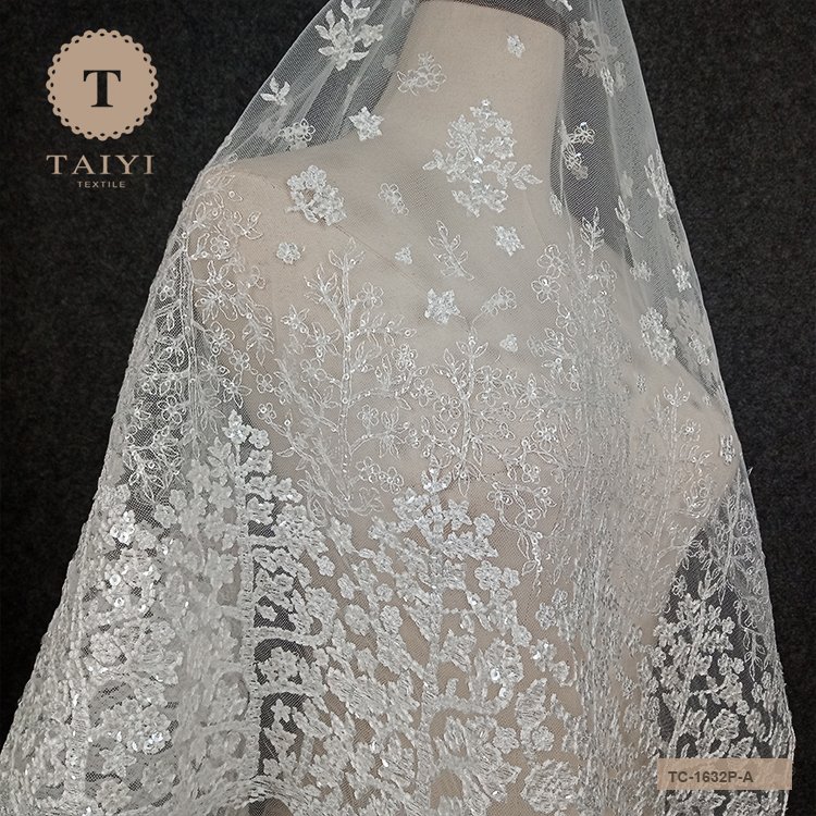 Glitter Sequin Embroidered Lace Fabric For Wedding Dress