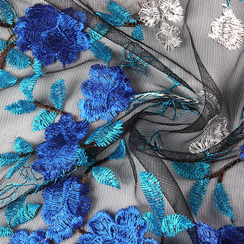 Manufacturers Direct Blue Small Peony Flowers Embroidery Mesh New Wedding Dress Decorative Fabric