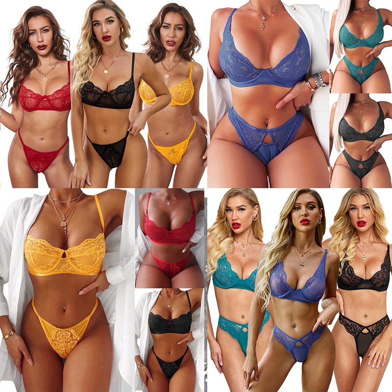 2024 Hot Sell Sexy Women Transparent Bra Panties Erotic Valentine's Day 2 Piece Blue Lace Lenceria Set Sexy Lingerie