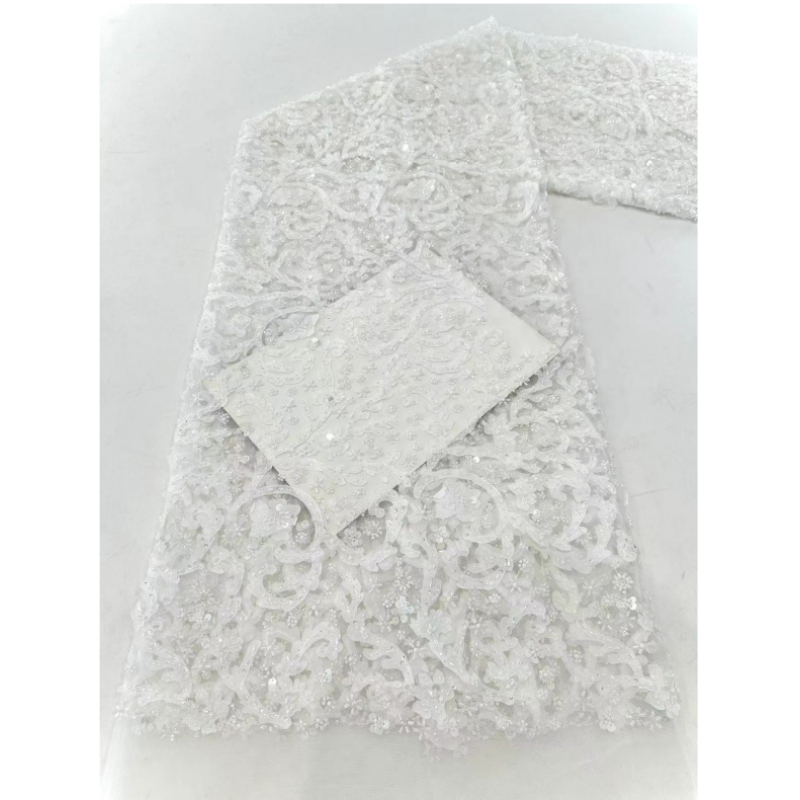 African Lace Fabrics Shiny Sequins Beads French Tulle Net Embroidered Beaded Fabric with 3D Flower for Wedding Dress Wholesale