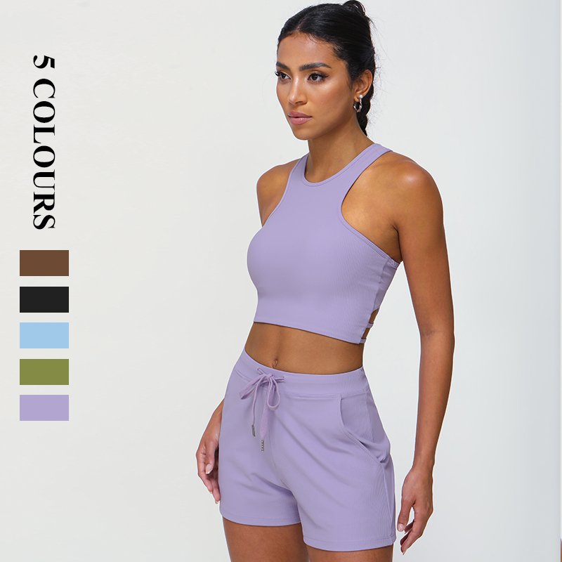 2024 Ribbed Casual Sports Set Women's Shockproof Bra Drawstring Shorts Pocket Yoga Fitness Two Piece Set