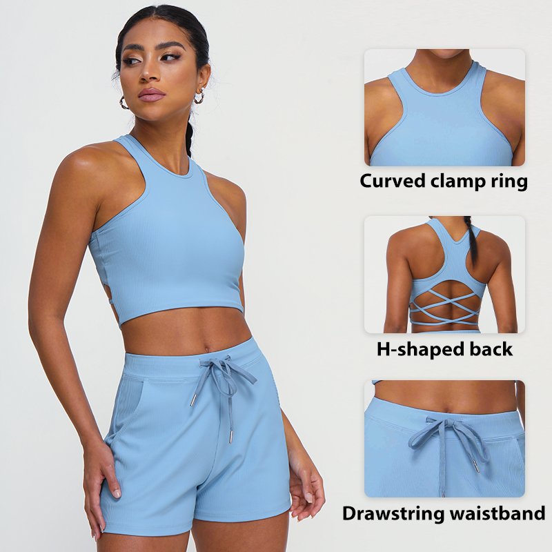 2024 Ribbed Casual Sports Set Women's Shockproof Bra Drawstring Shorts Pocket Yoga Fitness Two Piece Set