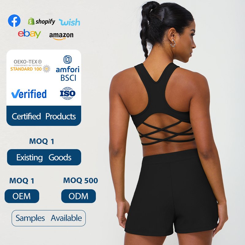 2024 Ribbed Casual Sports Set Women's Shockproof Bra Drawstring Shorts Pocket Yoga Fitness Two Piece Set