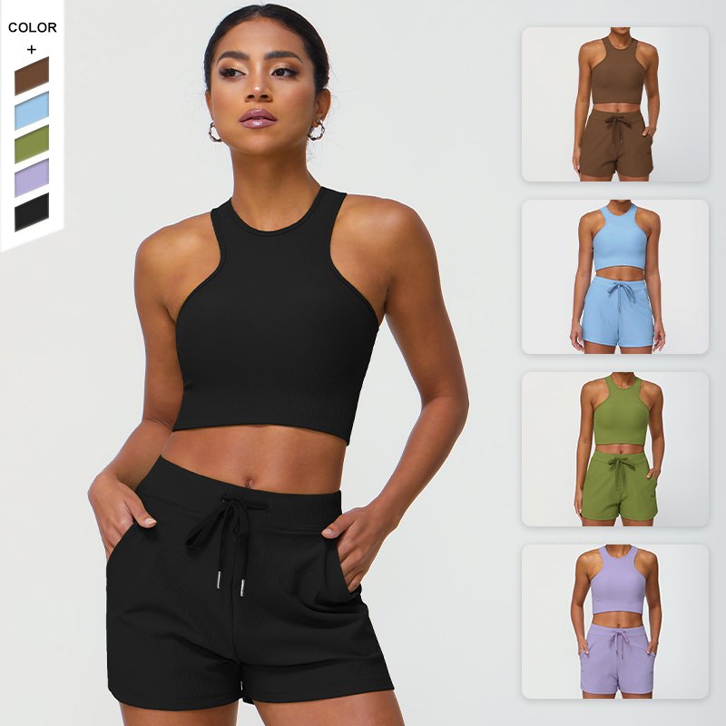 2024 Ribbed Casual Sports Set Women's Shockproof Bra Drawstring Shorts Pocket Yoga Fitness Two Piece Set