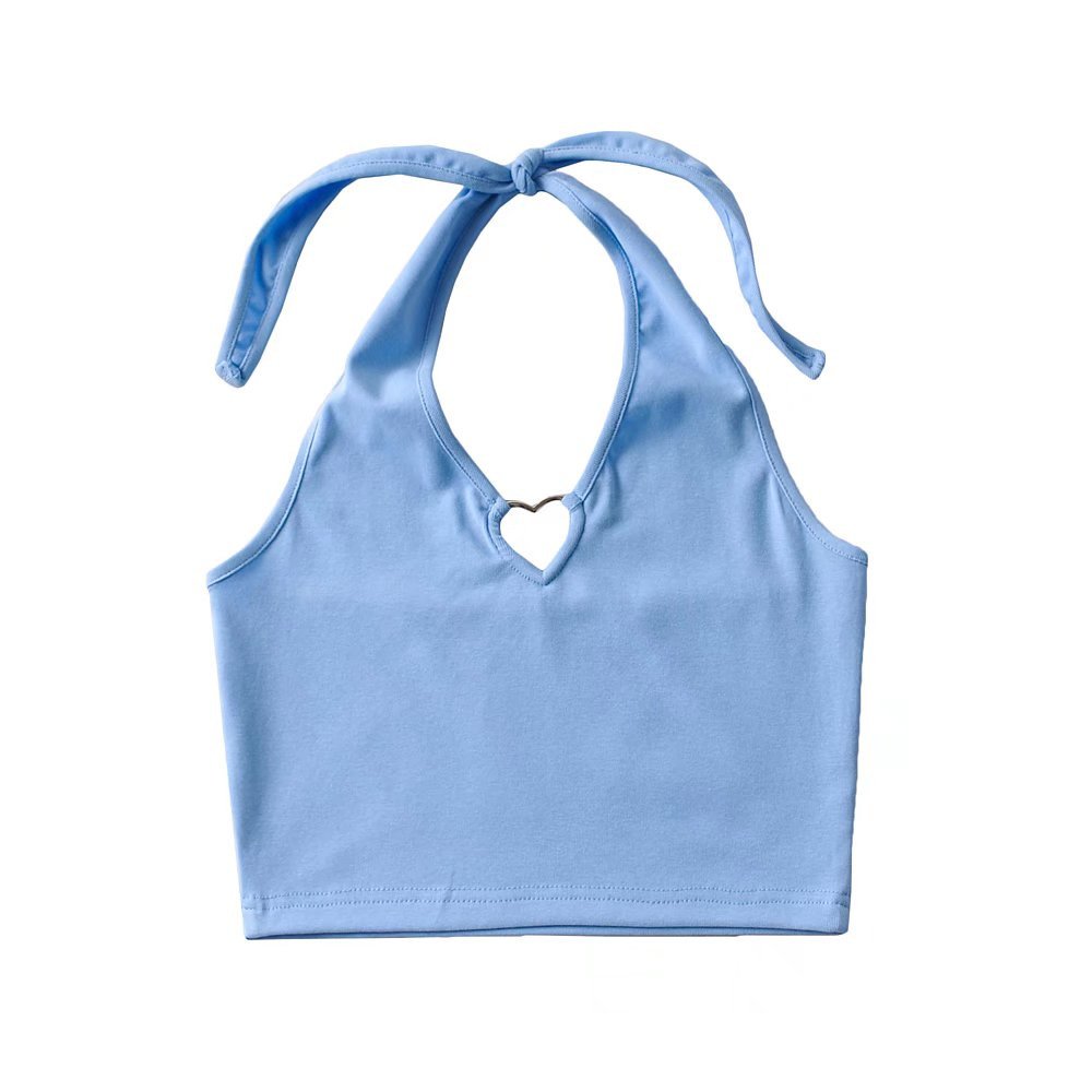 Women Halter Top With Metal Heart Sleeveless Backless Scroop Neck Slim Stretchy Ribbed Knit Crop Tops