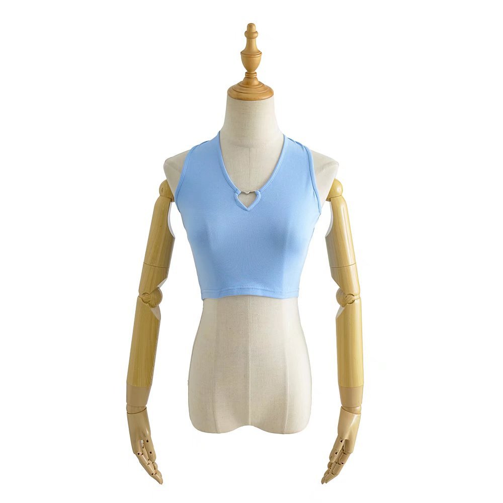 Women Halter Top With Metal Heart Sleeveless Backless Scroop Neck Slim Stretchy Ribbed Knit Crop Tops