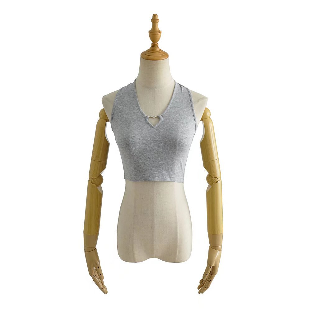 Women Halter Top With Metal Heart Sleeveless Backless Scroop Neck Slim Stretchy Ribbed Knit Crop Tops