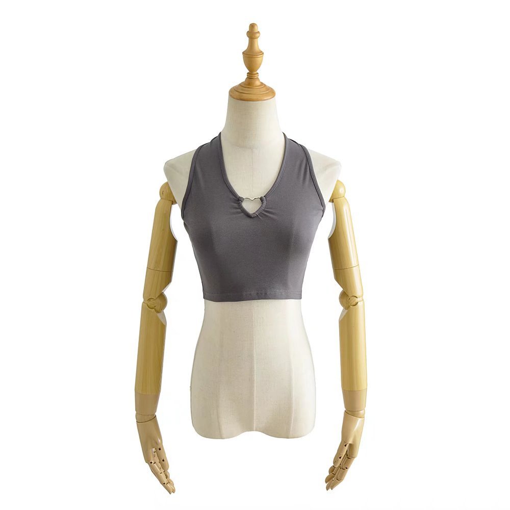 Women Halter Top With Metal Heart Sleeveless Backless Scroop Neck Slim Stretchy Ribbed Knit Crop Tops