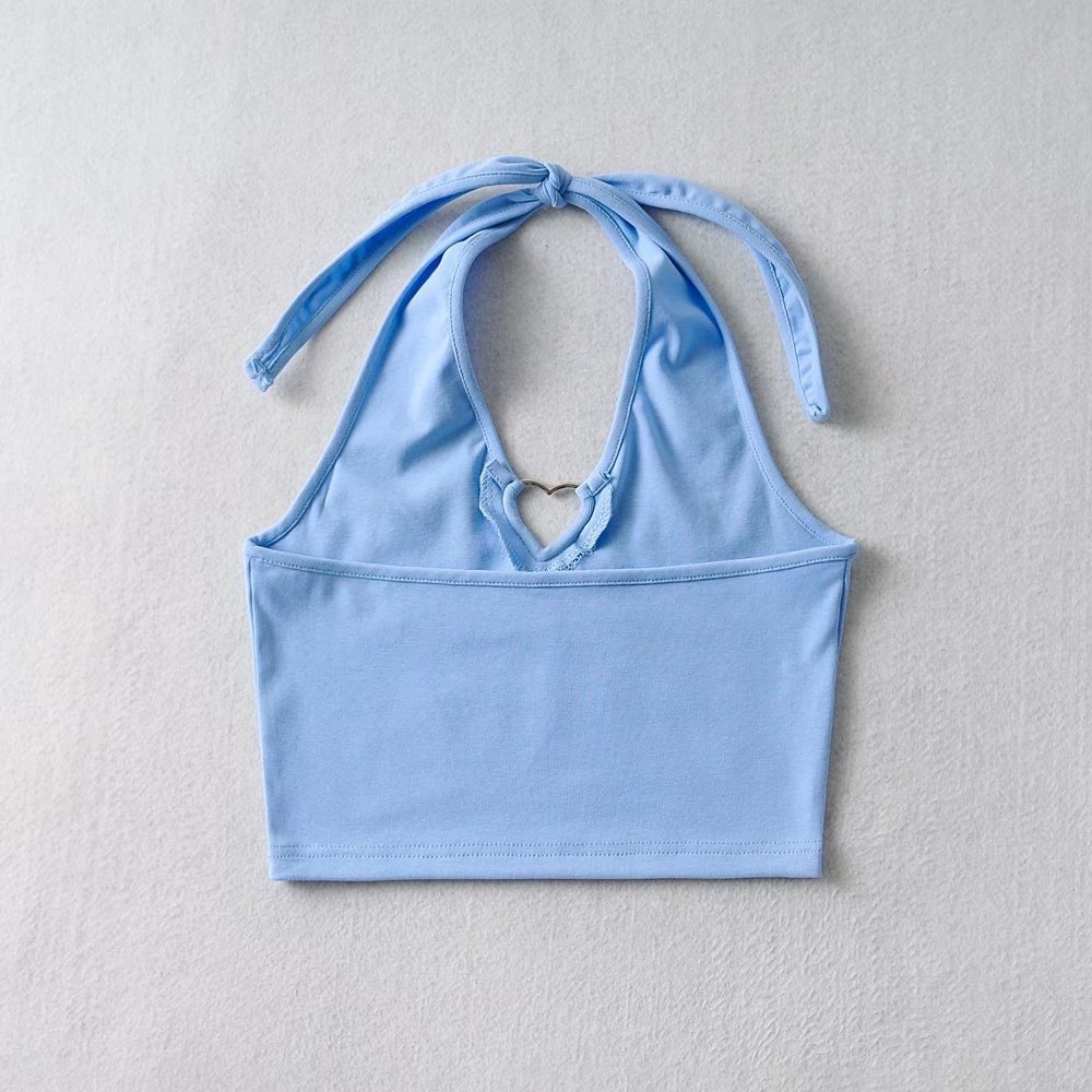 Women Halter Top With Metal Heart Sleeveless Backless Scroop Neck Slim Stretchy Ribbed Knit Crop Tops