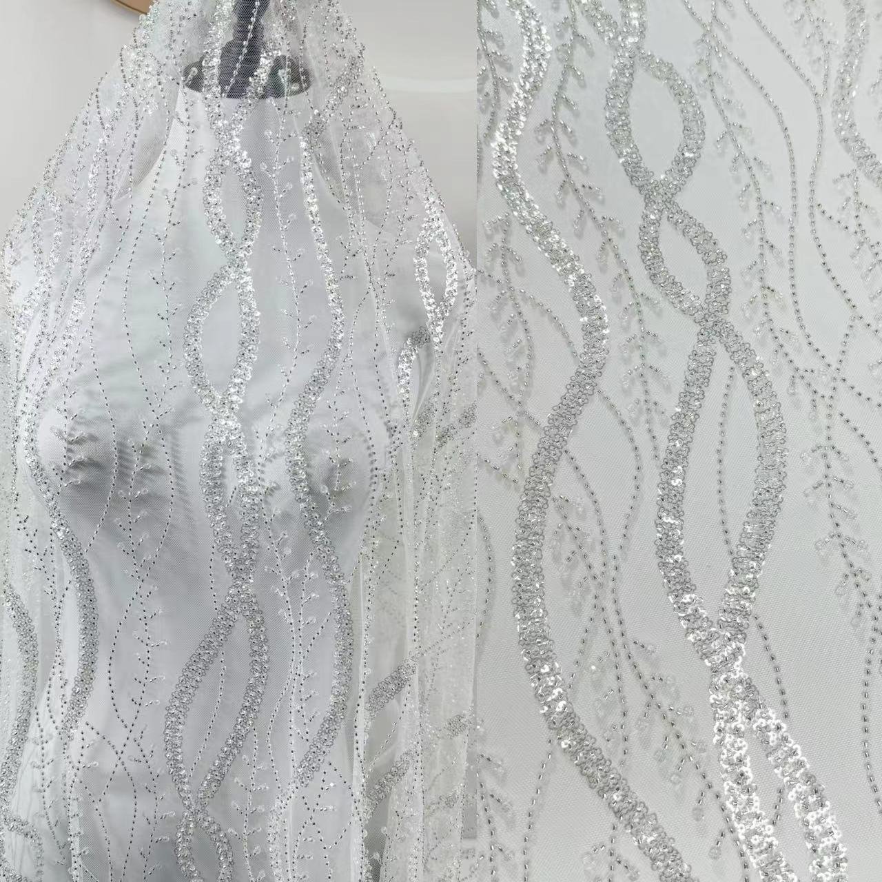 LH French Bridal Luxury Beaded Lace Fabric Floral Gril Heavy Sequin Embroidery Fabric For Wedding Dress Making