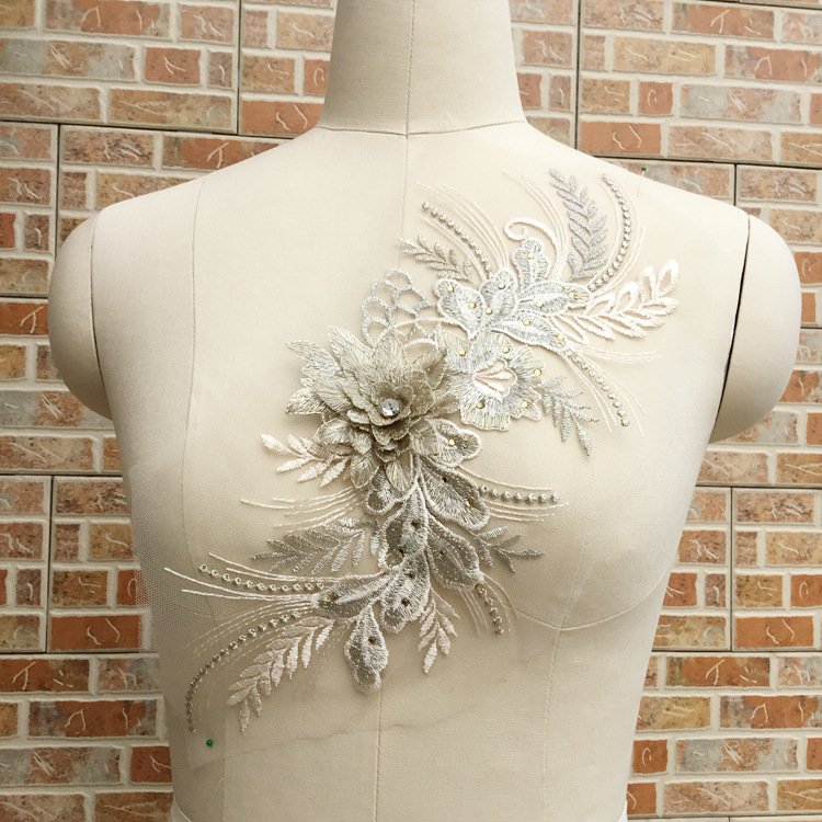 3D Flower Applique Beaded Embroider Flower LACE Patch Bridal Wedding Dress Embossed Beading Embroidery lace