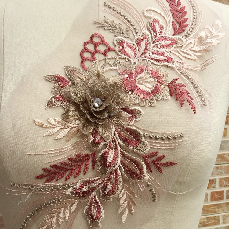 3D Flower Applique Beaded Embroider Flower LACE Patch Bridal Wedding Dress Embossed Beading Embroidery lace