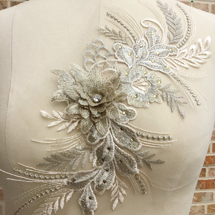 3D Flower Applique Beaded Embroider Flower LACE Patch Bridal Wedding Dress Embossed Beading Embroidery lace