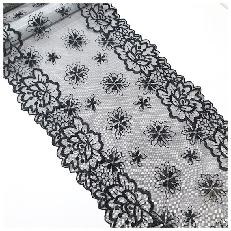 Premium black thin mesh 24cm embroidery with customizable patterns tulle lace fabric