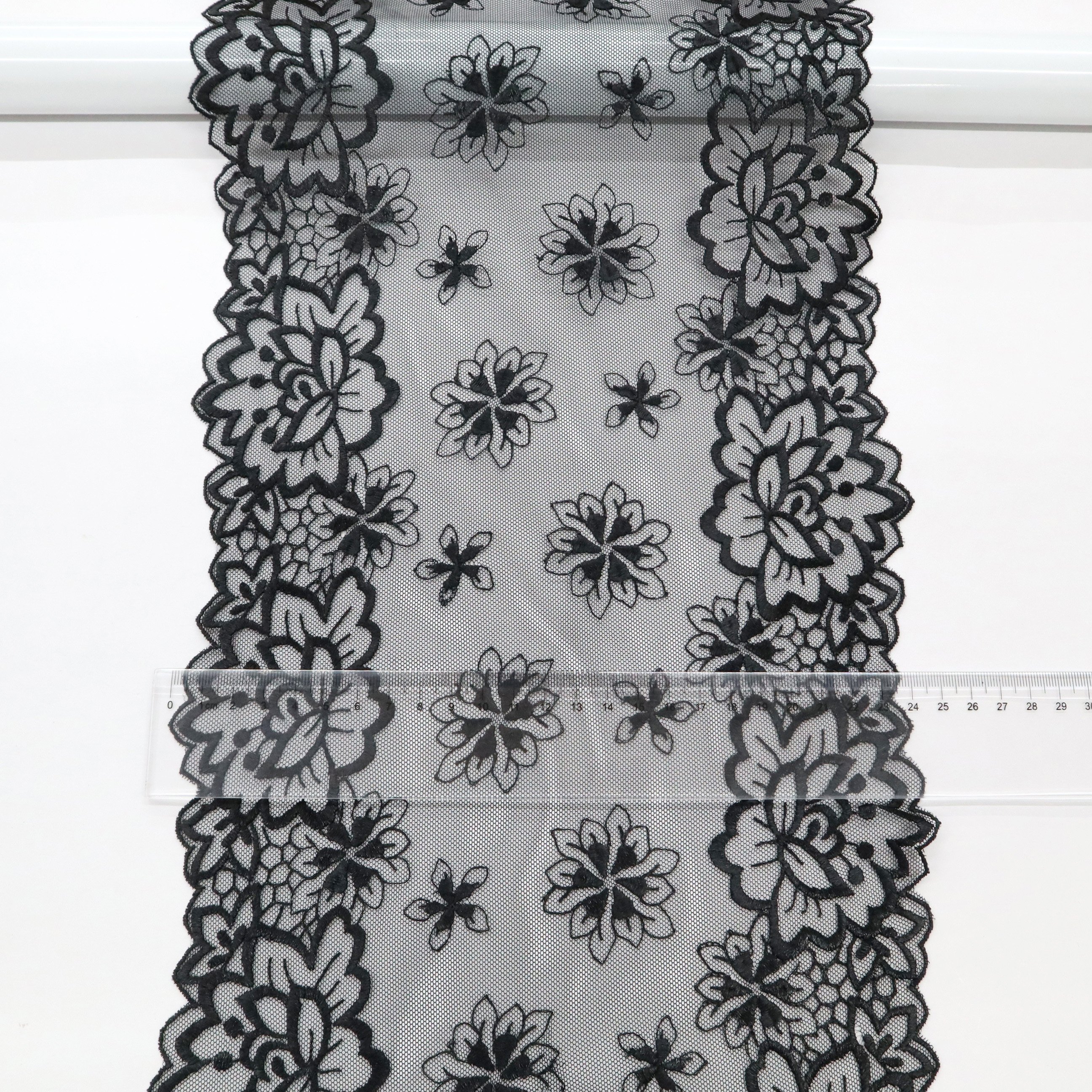 Premium black thin mesh 24cm embroidery with customizable patterns tulle lace fabric