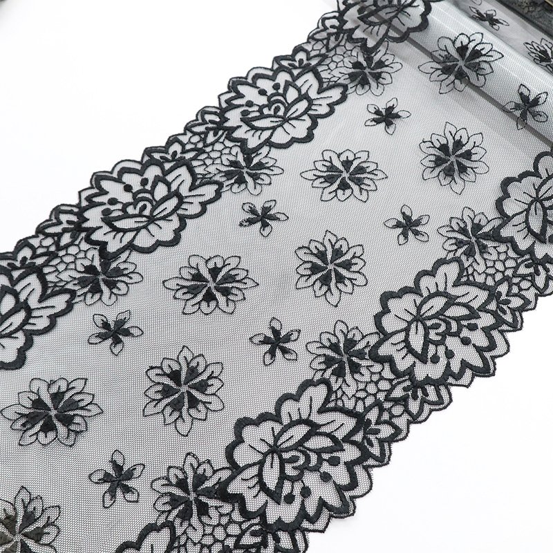 Premium black thin mesh 24cm embroidery with customizable patterns tulle lace fabric