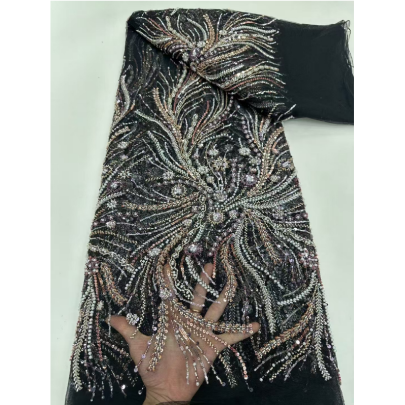 Width 125 cm Polyester Heavy Beaded sequins Embroidery beads Mesh Nigerian Fabric heavy tulle Lace Fabric for wedding Dress