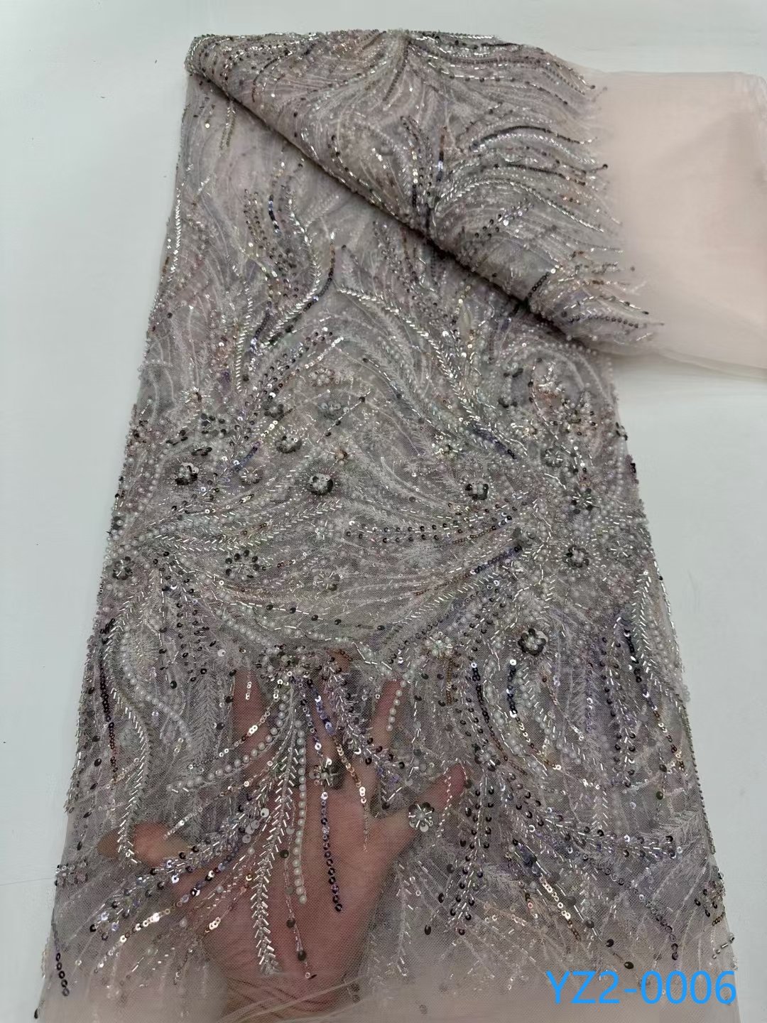 Width 125 cm Polyester Heavy Beaded sequins Embroidery beads Mesh Nigerian Fabric heavy tulle Lace Fabric for wedding Dress