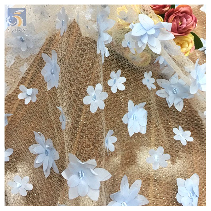 White 3D Small Flowers Embroidery Mesh Wedding Lace Fabric Lolita Clothing Sparkle Glitter Net Tulle Fabric