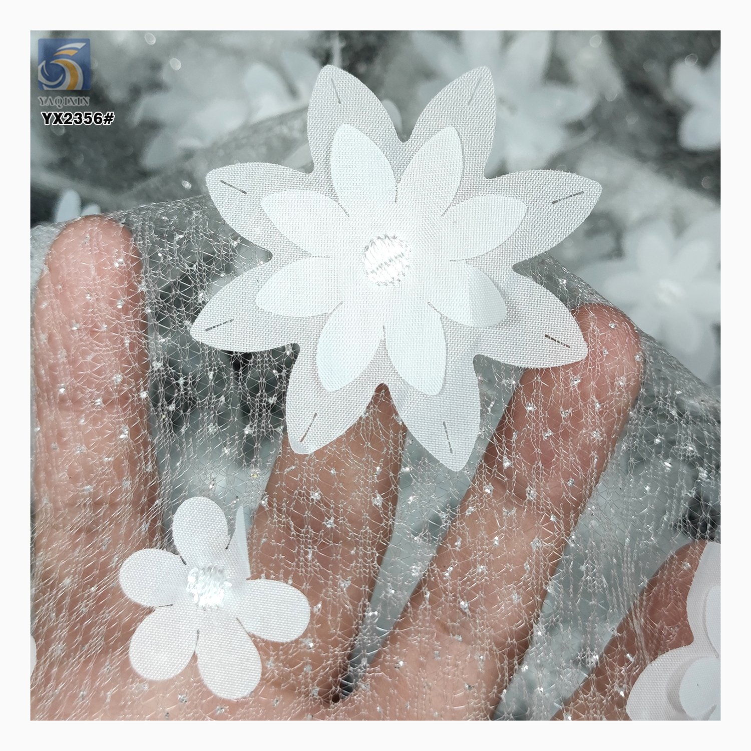 White 3D Small Flowers Embroidery Mesh Wedding Lace Fabric Lolita Clothing Sparkle Glitter Net Tulle Fabric