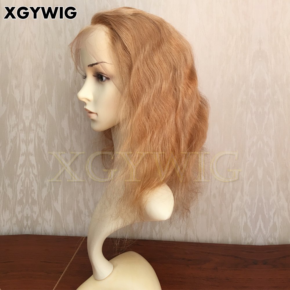 Stock 100% virgin Brazilian 14" color 27# short body wave 13x4 glueless 150% density honey blonde lace front human hair wig