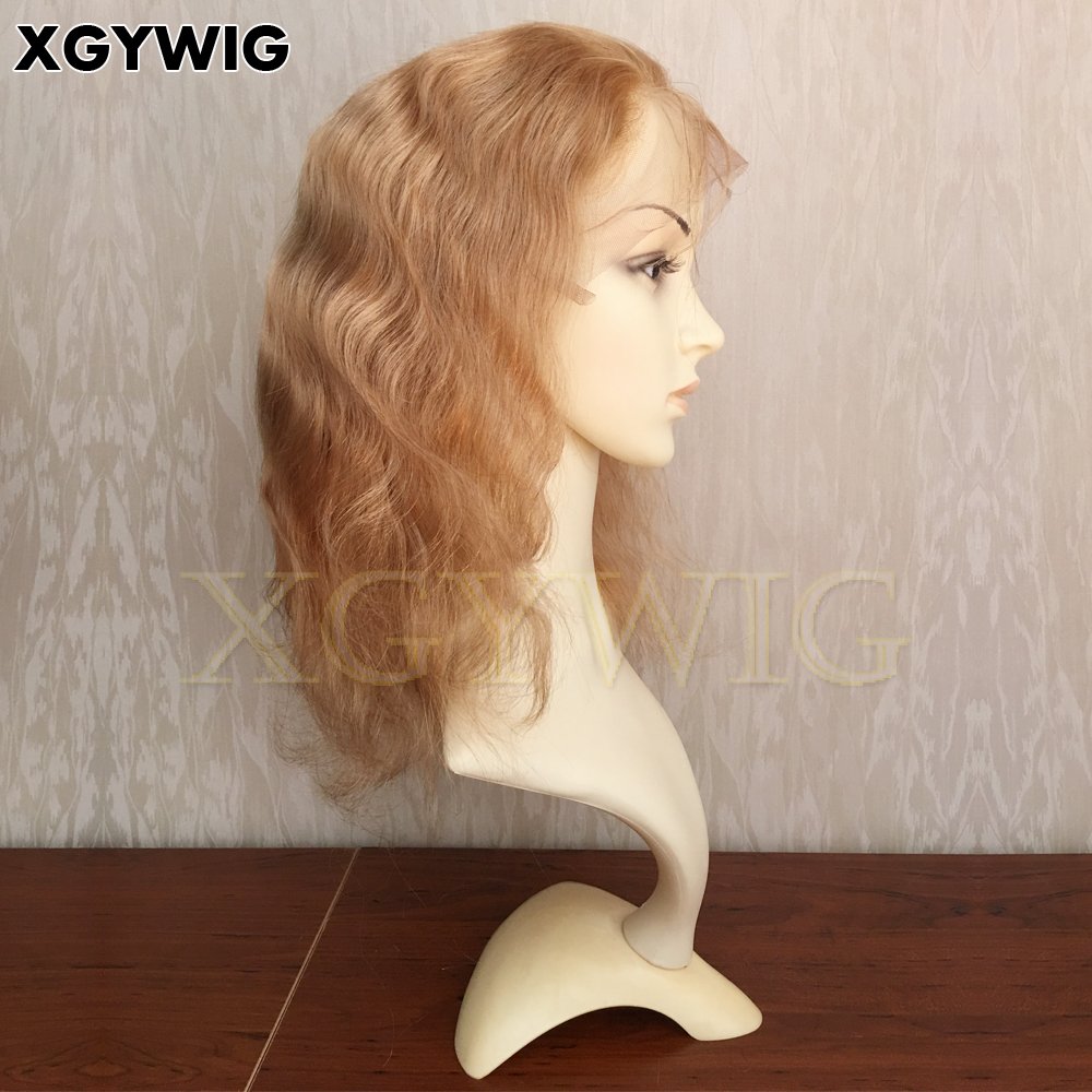 Stock 100% virgin Brazilian 14" color 27# short body wave 13x4 glueless 150% density honey blonde lace front human hair wig
