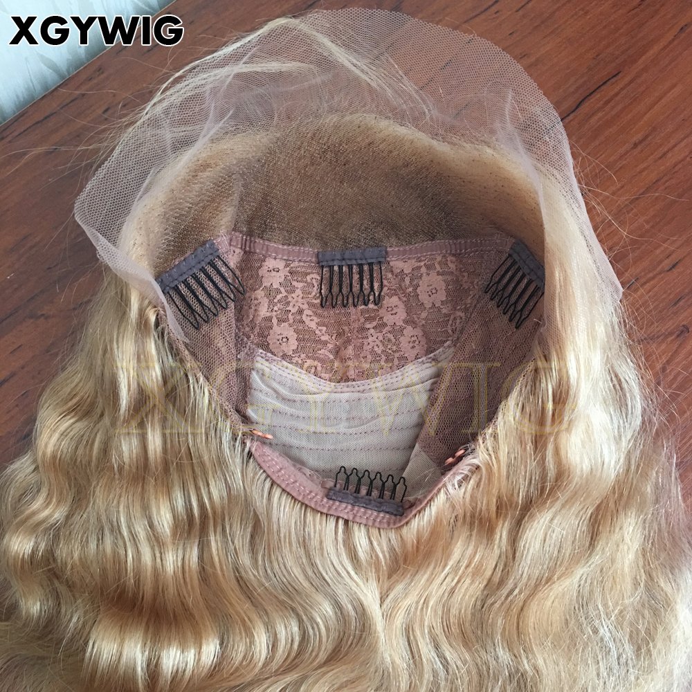 Stock 100% virgin Brazilian 14" color 27# short body wave 13x4 glueless 150% density honey blonde lace front human hair wig