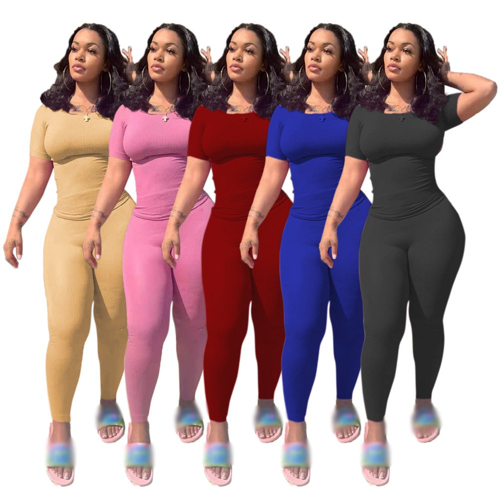 Fall Custom Lounge Wear Women Clothing 2024 Solid Knitted Ribbed Two Piece Set Women Short Sleeves Skinny Legging Pant Set