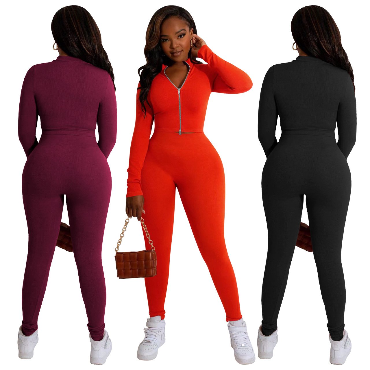 Fall Custom Lounge Wear Women Clothing 2024 Solid Knitted Ribbed Two Piece Set Women Short Sleeves Skinny Legging Pant Set