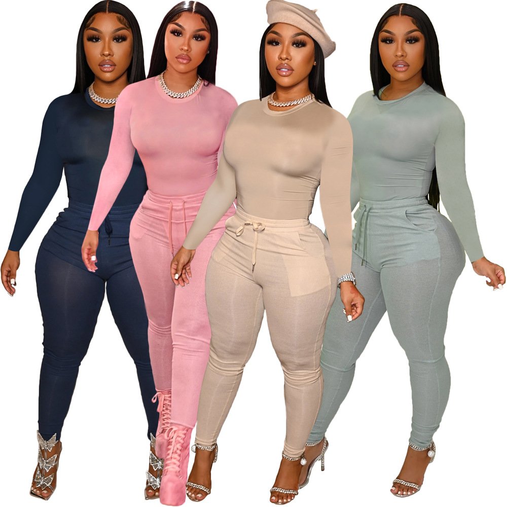 Fall Custom Lounge Wear Women Clothing 2024 Solid Knitted Ribbed Two Piece Set Women Short Sleeves Skinny Legging Pant Set