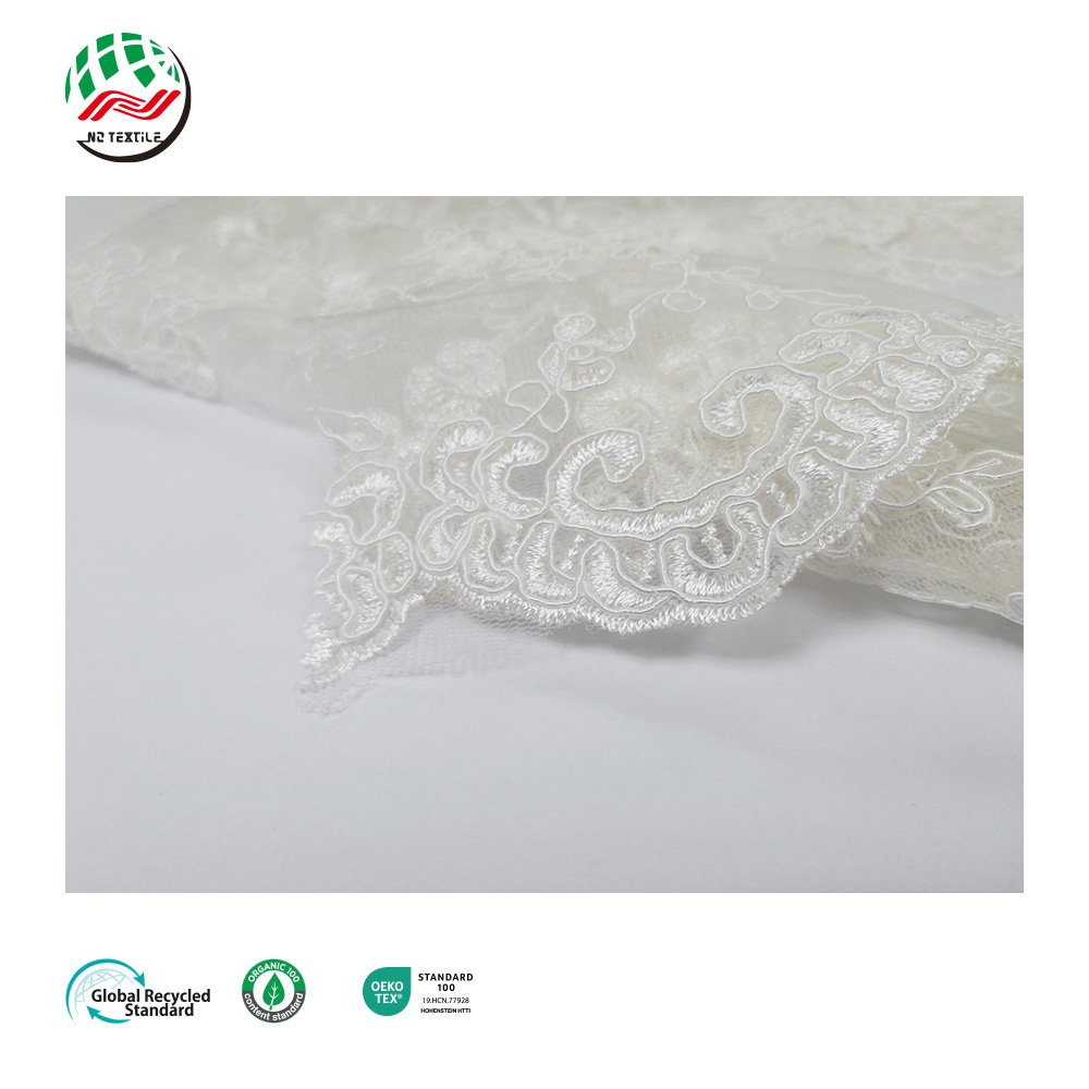 Wholesale White 100% Polyester Tulle Beaded Mesh Embroidery Lace with Flowers Fabric