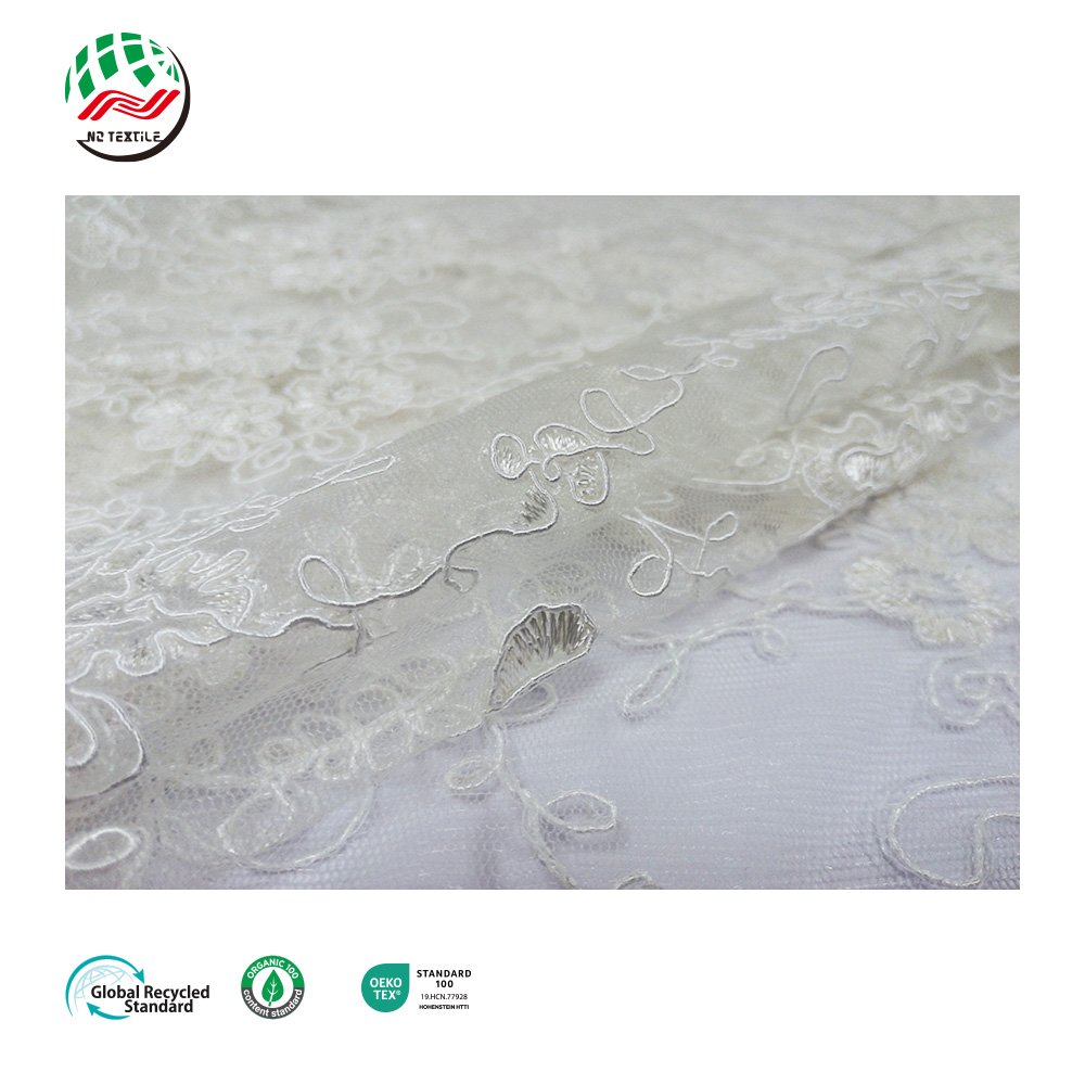 Wholesale White 100% Polyester Tulle Beaded Mesh Embroidery Lace with Flowers Fabric
