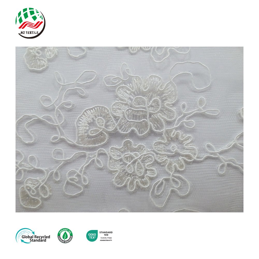 Wholesale White 100% Polyester Tulle Beaded Mesh Embroidery Lace with Flowers Fabric
