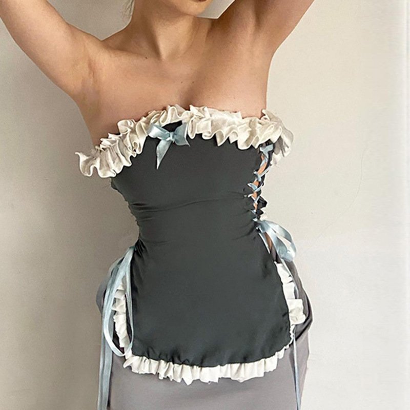 Factory price 2024 latest style open back cut-out cross strap pleated lace contrast tube top petite dress for women