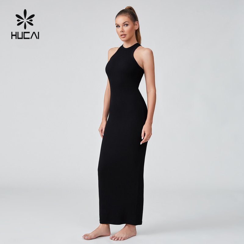 HUCAI Custom Logo Womens breathable skinny sexy cotton Spandex high strech ribbed tight fit curved Bodycon Sleeveless Dress