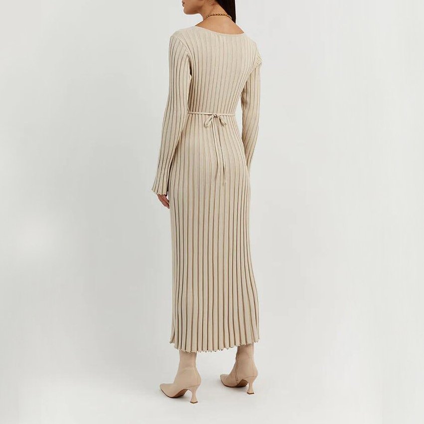 Custom Elegant women Rib knit maxi long dress solid color fashion winter knitwear long sleeve dress women casual sweater dress