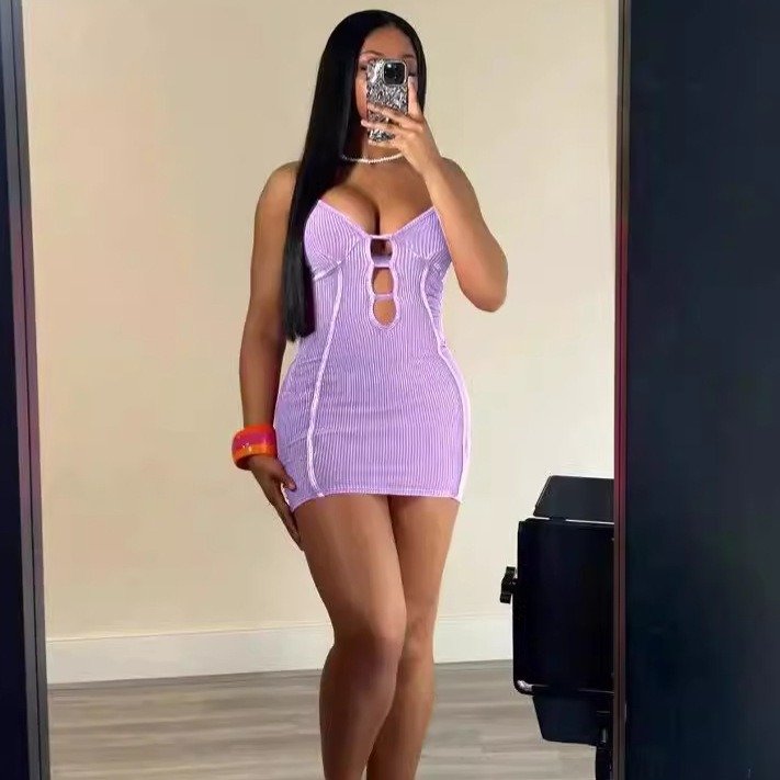 2024 New Summer Women Fashion Washed Snail Suspender Sexy Slim Fit Hollow Stripe Dress
