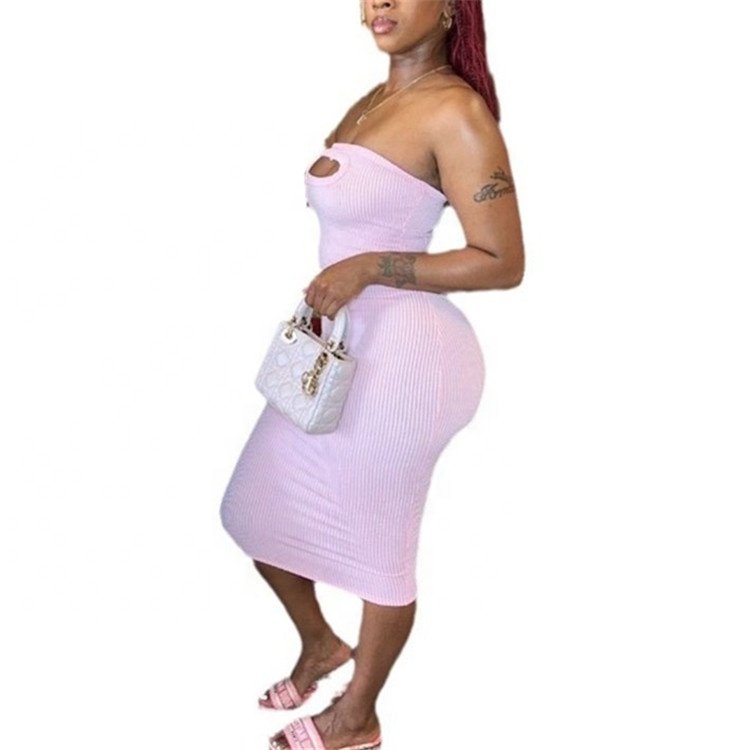 Ribbed Solid Strapless Hollow Out Sexy Slim Elegant Midi Dress Women Party Birthday Club Outfits