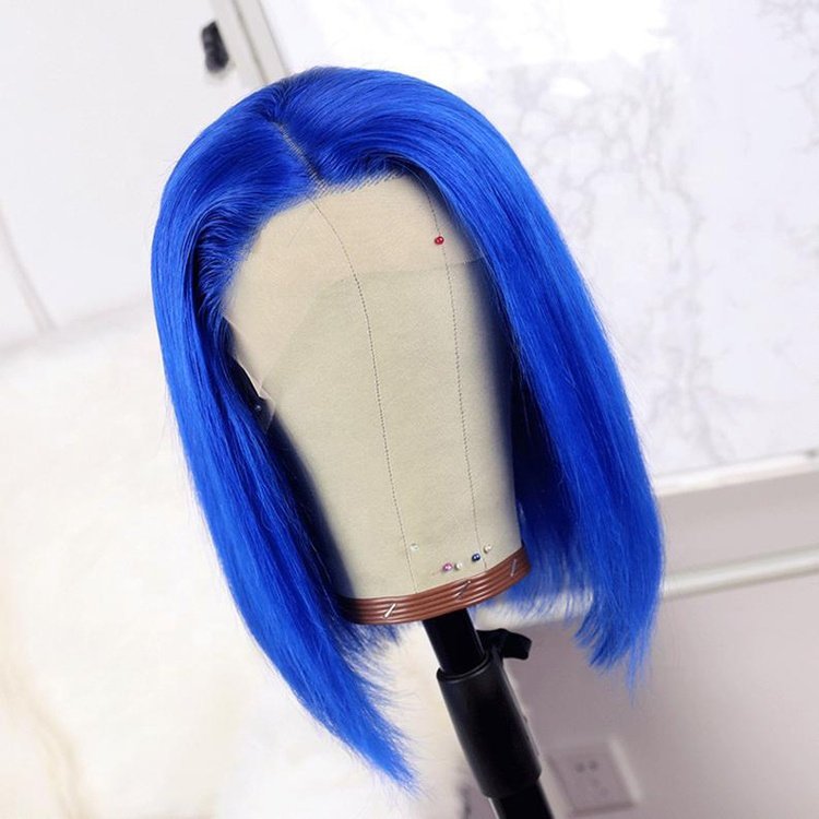 Blue Color Short Hair Human Wigs, Pre Plucked Hair Line Double Drawn Remy Human Hair 13x4 Short Straight Bob Front Lace Wig