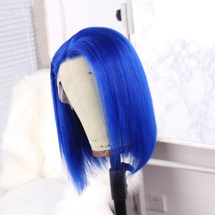 Blue Color Short Hair Human Wigs, Pre Plucked Hair Line Double Drawn Remy Human Hair 13x4 Short Straight Bob Front Lace Wig