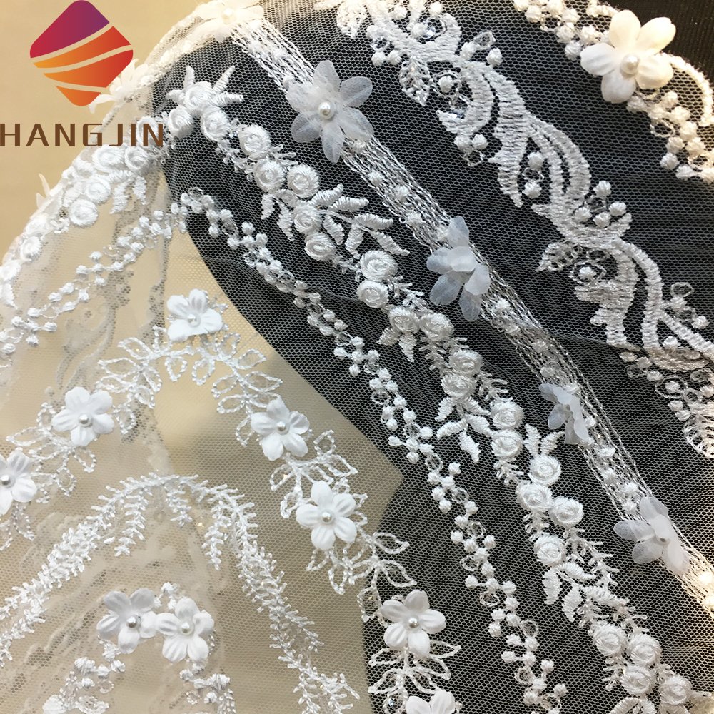 Luxury 3D Beaded Haute Couture Fabric Lace By Yard Pure White Bridal Gown Wedding Dress Embroidery Tulle Net Lace Fabric