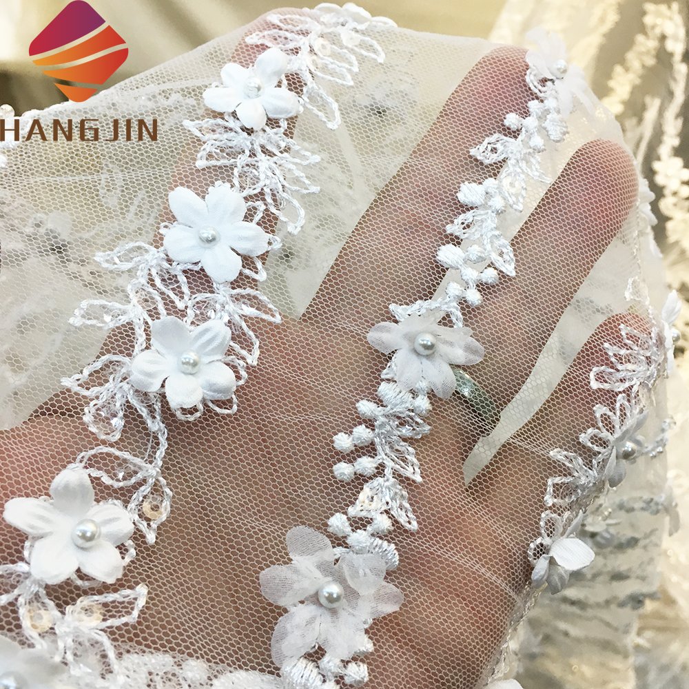 Luxury 3D Beaded Haute Couture Fabric Lace By Yard Pure White Bridal Gown Wedding Dress Embroidery Tulle Net Lace Fabric