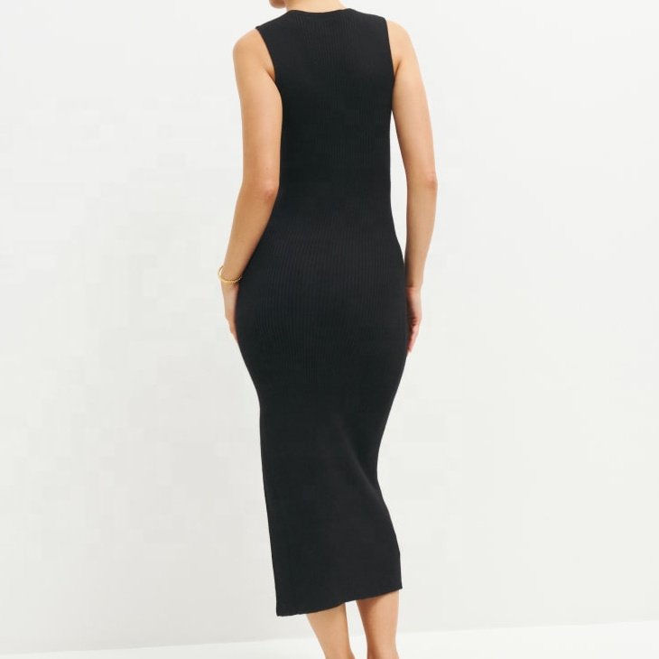 High Quality Custom Lady Elegant Sexy Black Bodycon Dresses Ribbed Knit Sleeveless Midi Long Slit Dress For Women