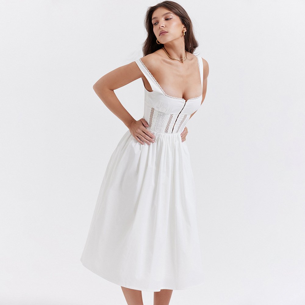 Elegant Lace Trim Midi Dresses Sexy Sweetheart Full lining Eye Hooks A Line Hidden Zippers Women Party Dresses