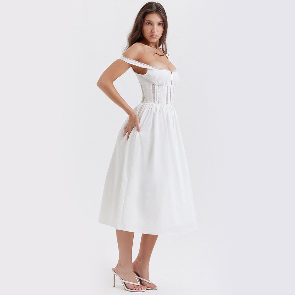 Elegant Lace Trim Midi Dresses Sexy Sweetheart Full lining Eye Hooks A Line Hidden Zippers Women Party Dresses