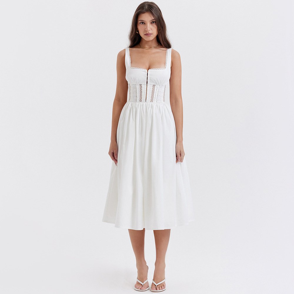 Elegant Lace Trim Midi Dresses Sexy Sweetheart Full lining Eye Hooks A Line Hidden Zippers Women Party Dresses