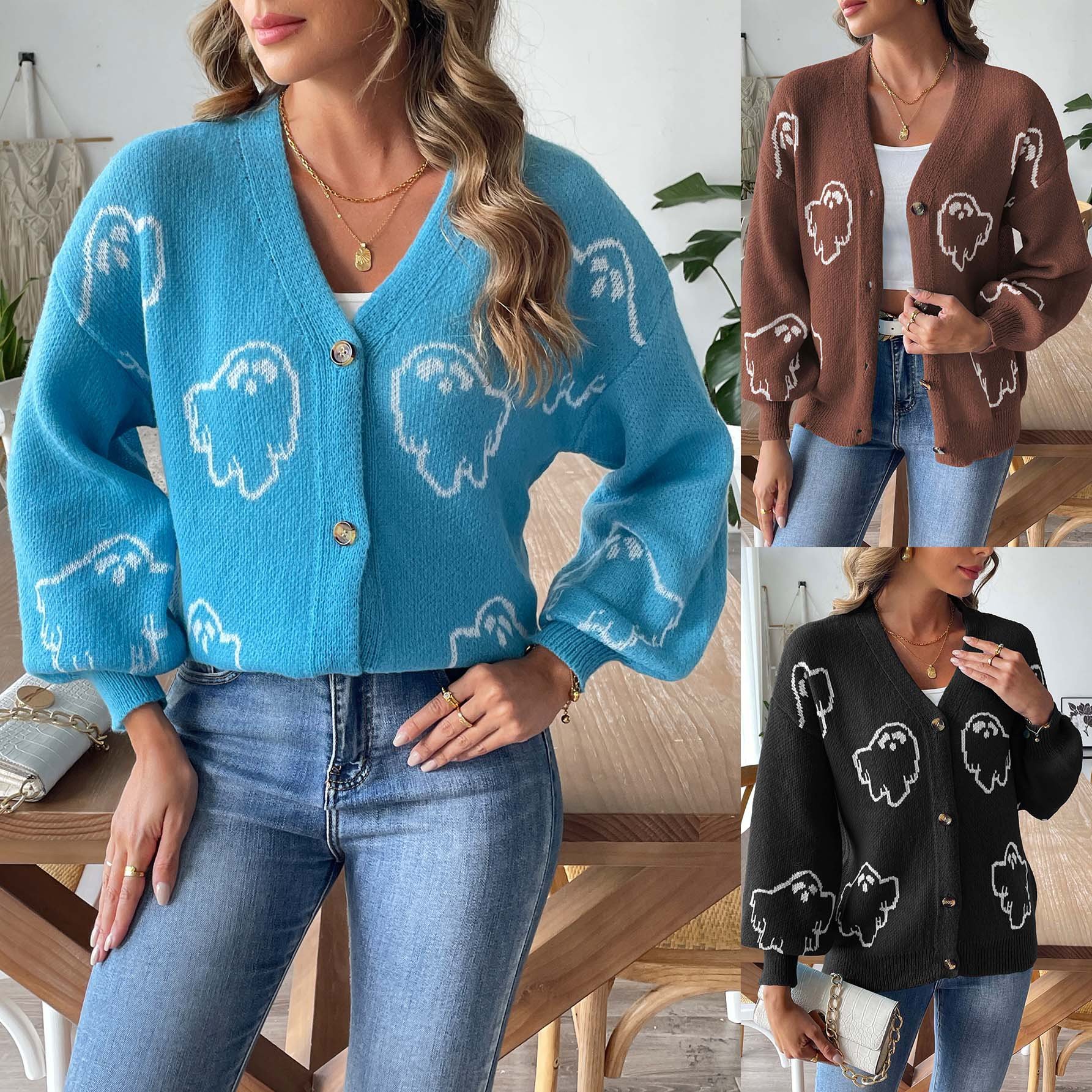 Wholesale Halloween ghost winter sweater button V neck long sleeve top ribbed cartoon jacquard knitted cardigan sweaters women