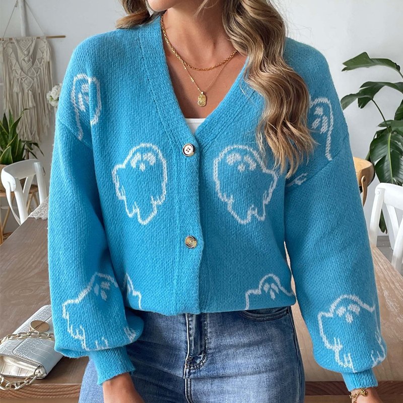 Wholesale Halloween ghost winter sweater button V neck long sleeve top ribbed cartoon jacquard knitted cardigan sweaters women