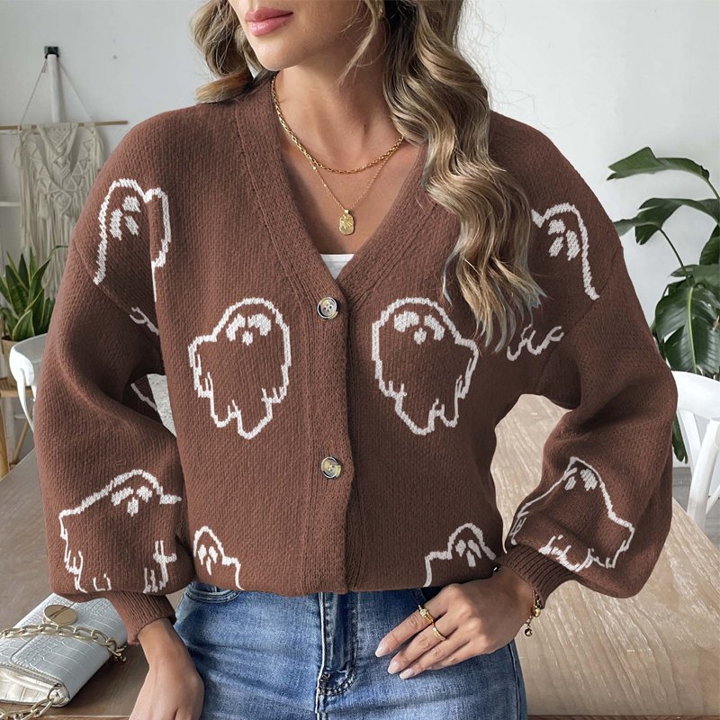 Wholesale Halloween ghost winter sweater button V neck long sleeve top ribbed cartoon jacquard knitted cardigan sweaters women