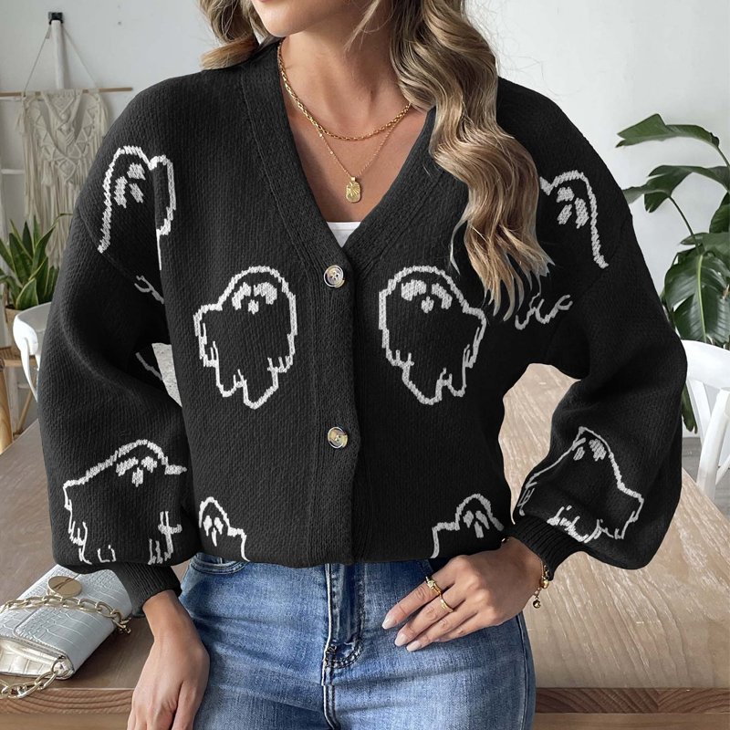 Wholesale Halloween ghost winter sweater button V neck long sleeve top ribbed cartoon jacquard knitted cardigan sweaters women